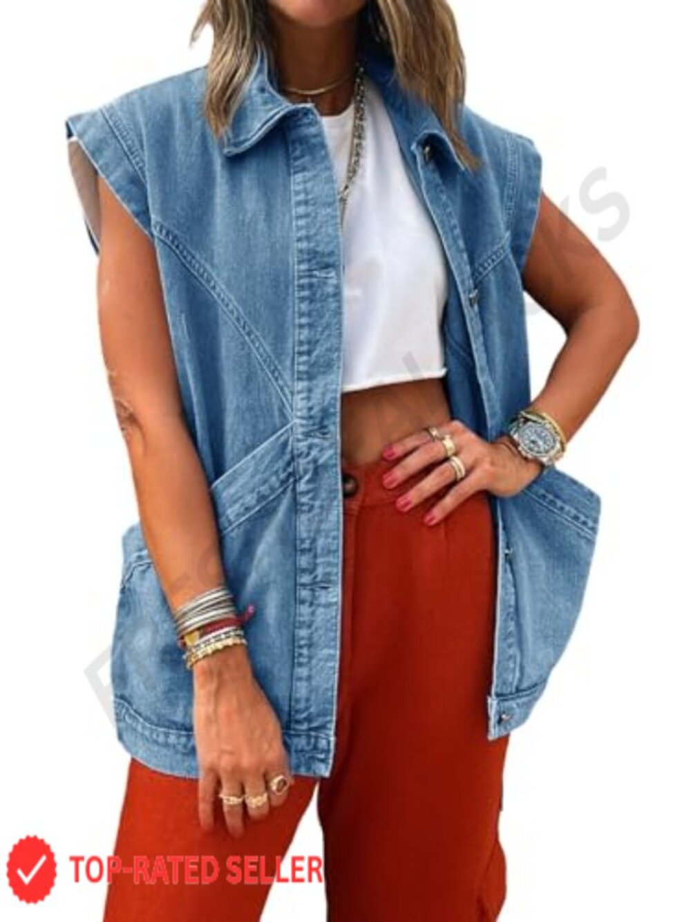 Oversized Denim Vest Sleeveless Button Down Casual Western Women's Jean Vest Top